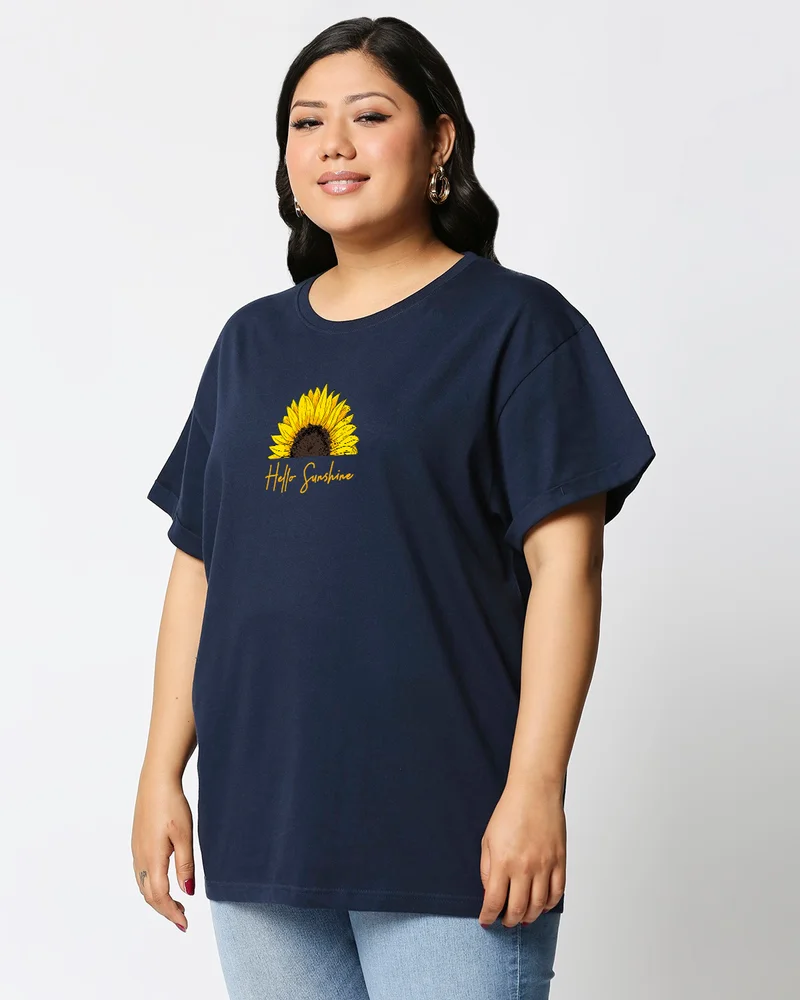 bewakoof Women's Blue Hello Sunshine Graphic Printed Plus Size Boyfriend T-shirt